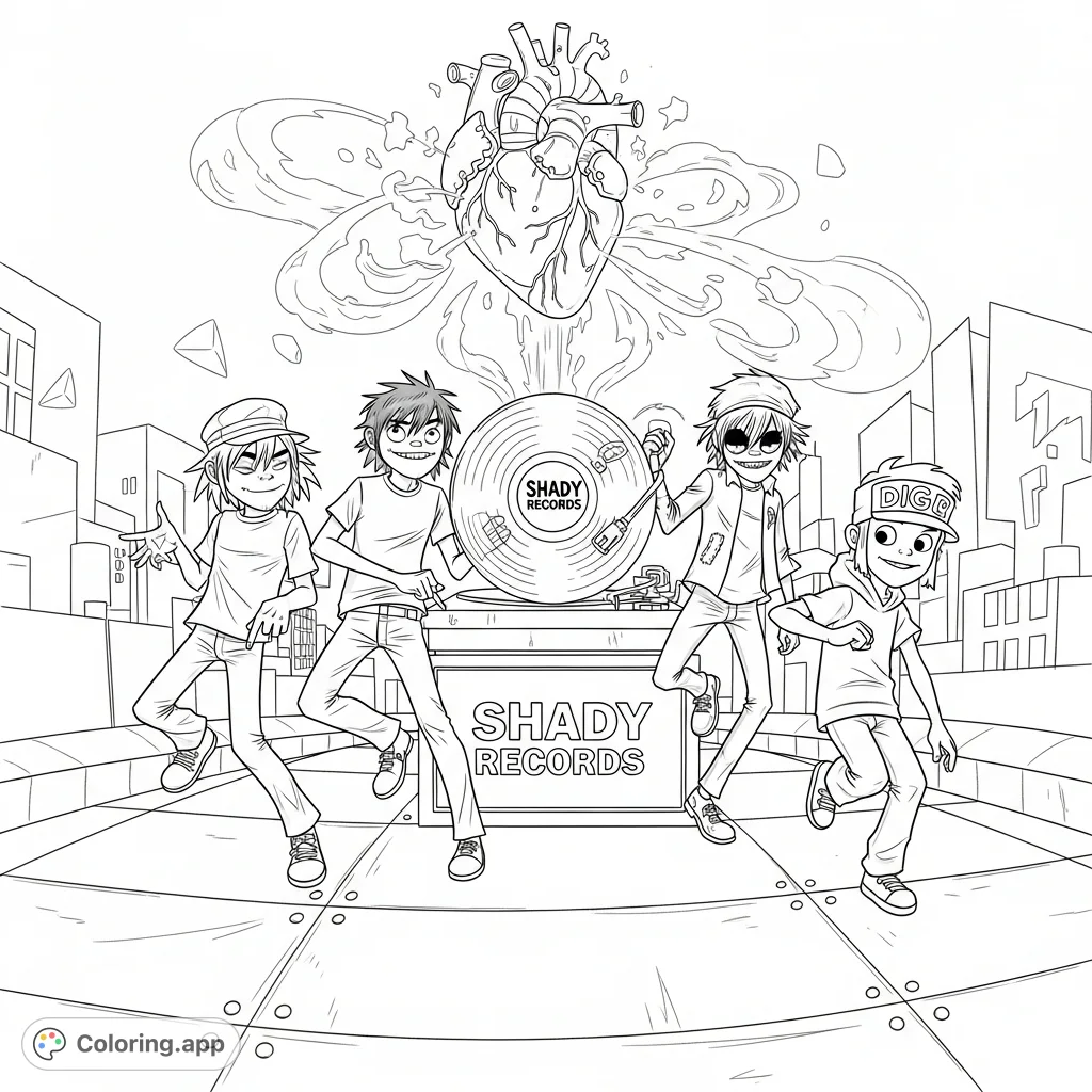An energetic Gorillaz and Diggy dance scene with a spinning "Shady Records" vinyl and a hovering mechanical heart. Perfect for fans to color!