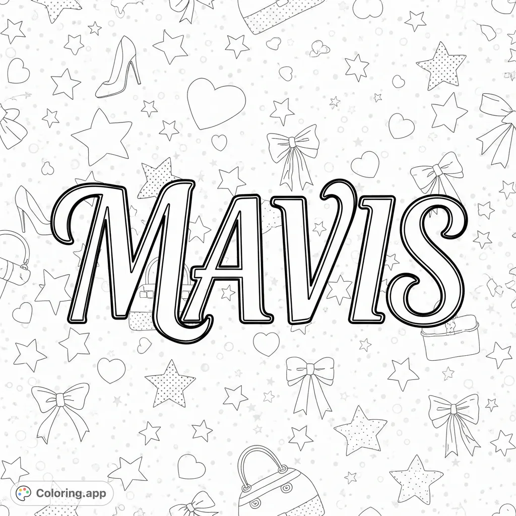 Mavis in elegant cursive on a fun Barbie-themed background with stars, hearts, and fashion accessories. Perfect for fans of stylish lettering and glamorous designs.
