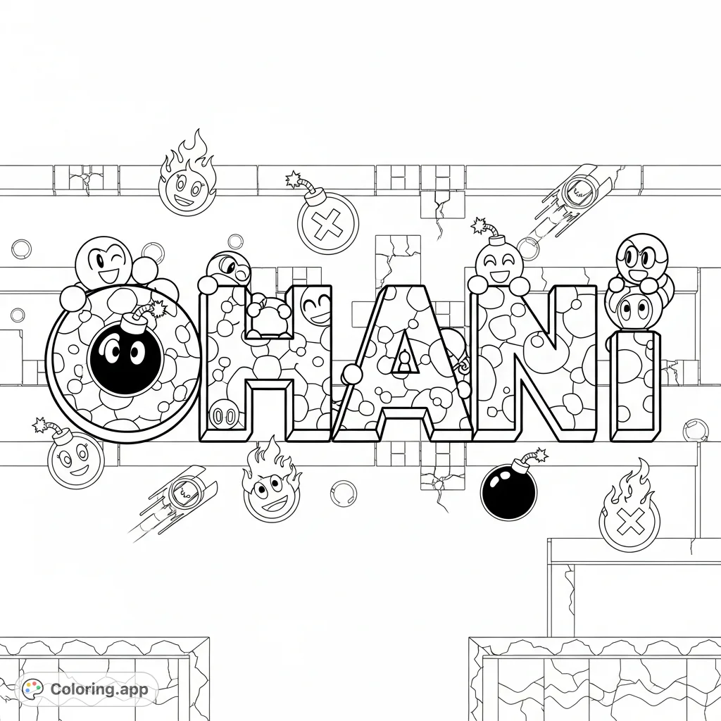 Discover the "Ohani" Bomberman coloring page! This free printable features the name "Ohani" crafted from classic Bomberman game blocks, characters, and power-ups.