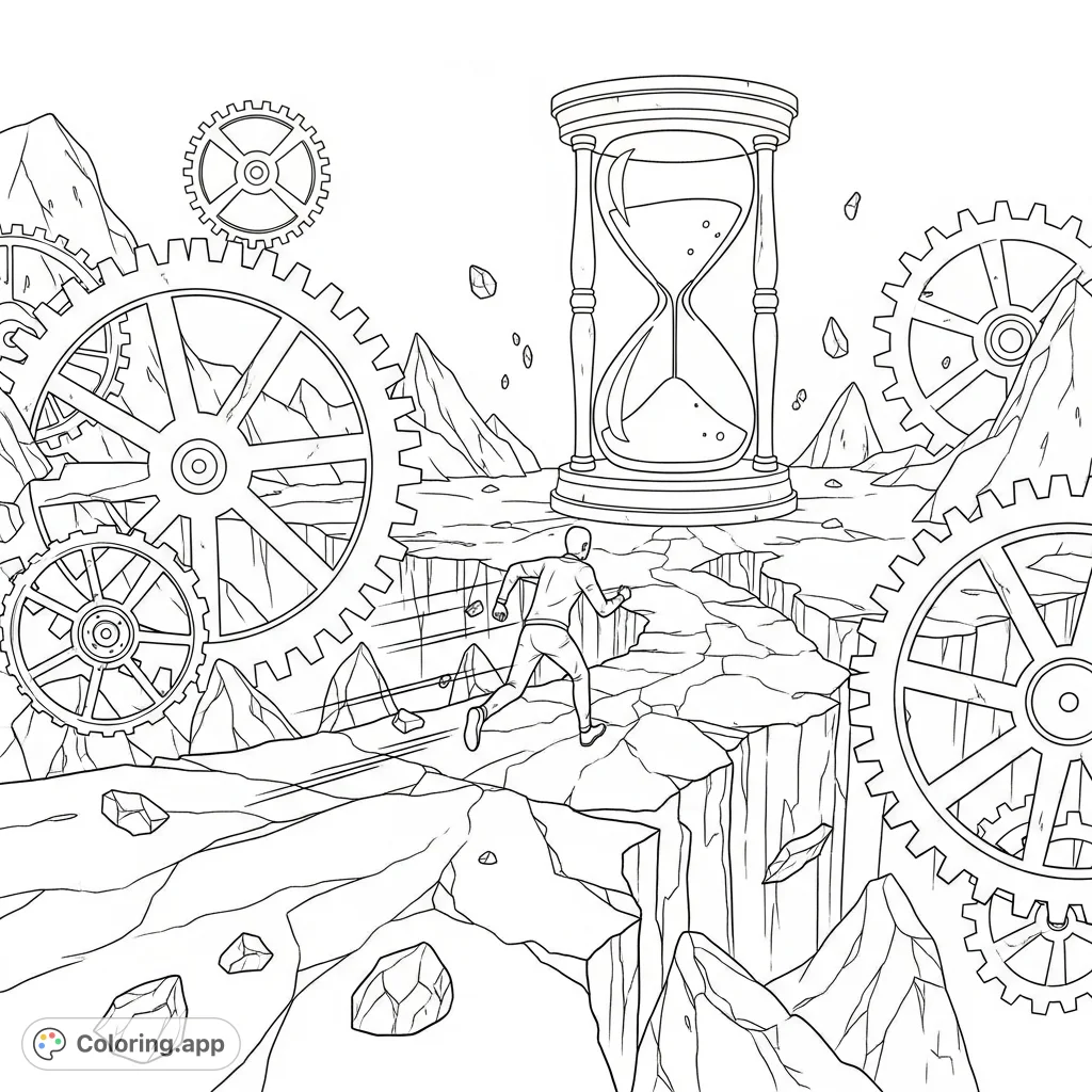 A dynamic scene of a lone figure racing across a crumbling path, surrounded by gears and a nearly empty hourglass, symbolizing urgency and a desperate push.