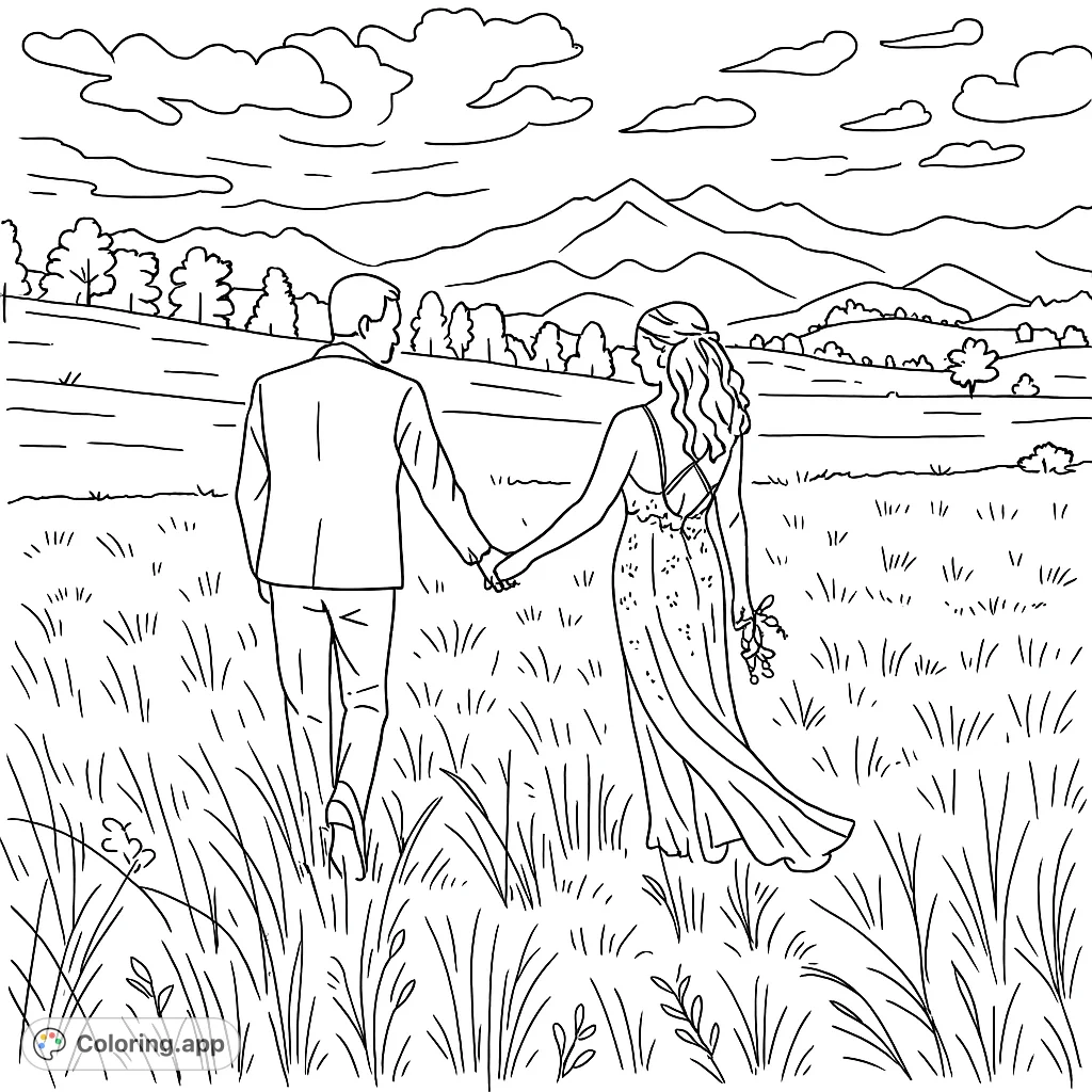 A romantic couple walks hand-in-hand through a scenic mountain meadow, surrounded by tall grasses and distant peaks. Perfect for celebrating love and nature.