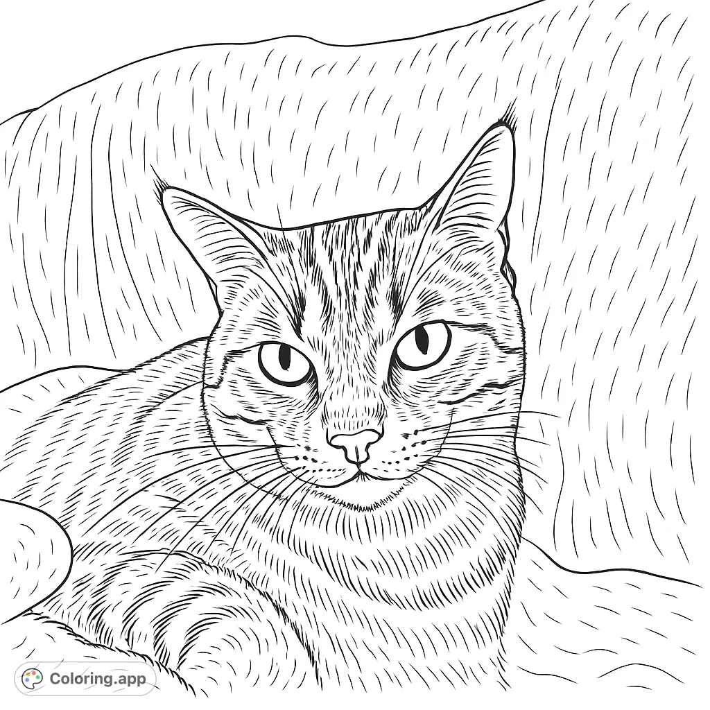A charming striped cat portrait, perfect for animal lovers. Features intricate fur patterns and expressive eyes, offering a delightful coloring experience.