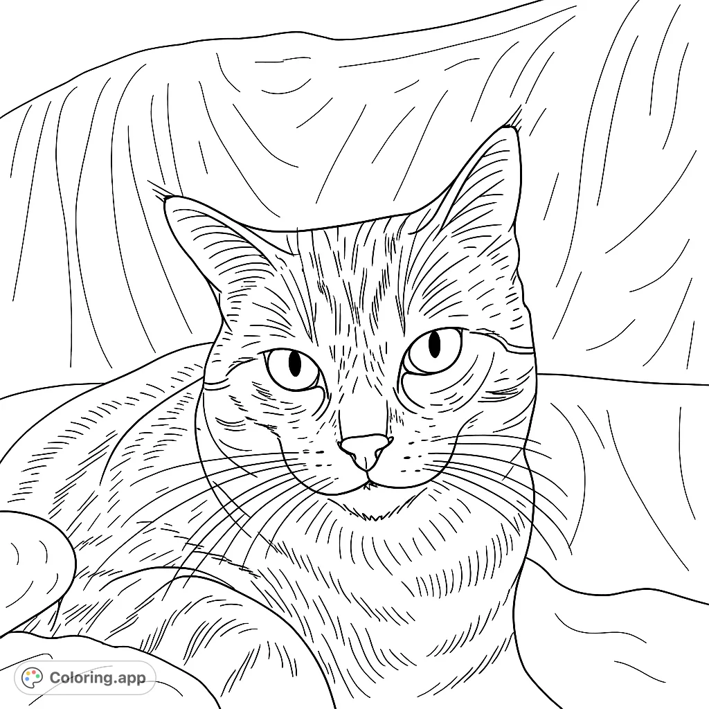 A charming striped cat rests on a soft blanket, gazing directly forward. Perfect for animal lovers to bring to life with creative colors and patterns.