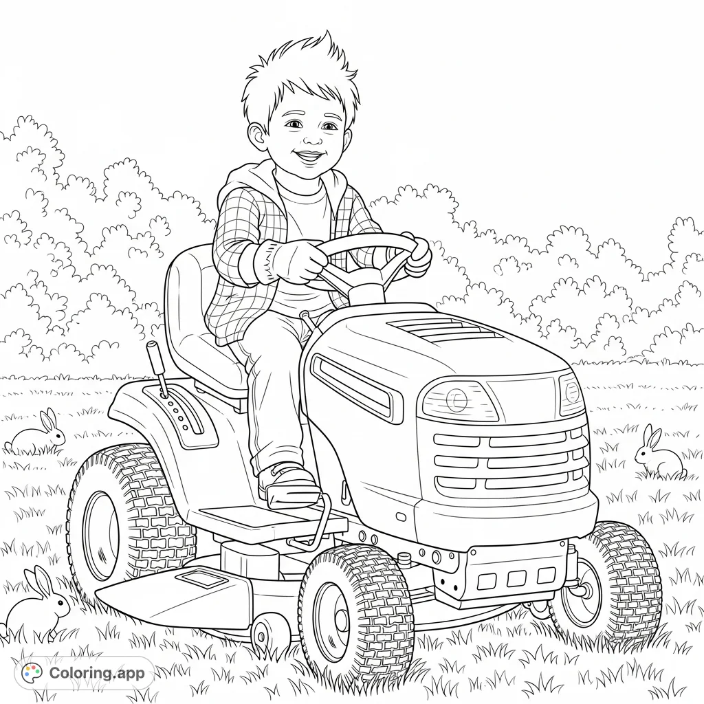 A charming coloring page featuring a smiling child on a riding lawnmower, ready for a fun day of yard work. Perfect for sparking imagination and creativity!