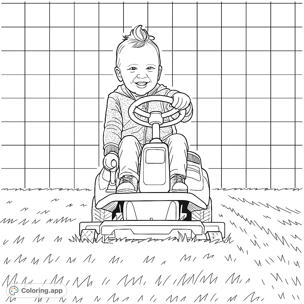A cheerful child on a riding lawnmower, ready for a fun day of yard work. This adorable scene is perfect for a free printable coloring page, bringing joy to kids and adults.