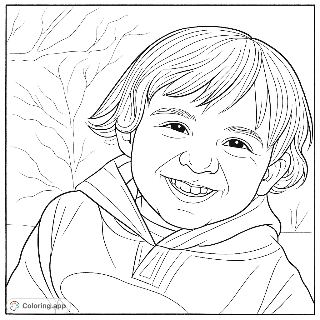A delightful coloring page featuring a happy child with a wide smile, perfect for bringing joy and warmth to any colorist.