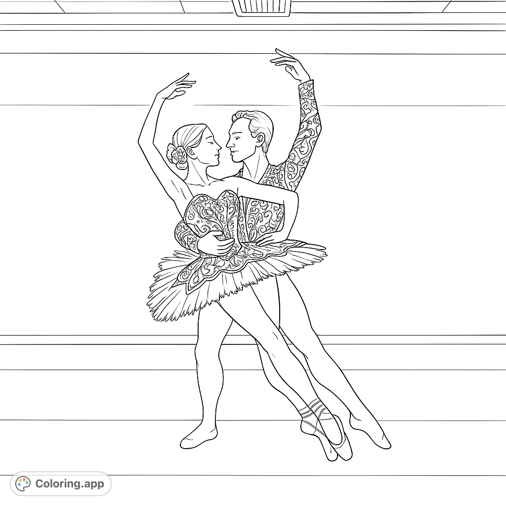 Capture the grace of ballet with this elegant coloring page featuring two dancers in a romantic pose, adorned in detailed costumes. Perfect for dance lovers!
