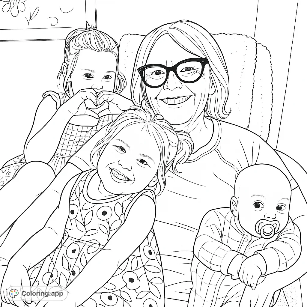 A heartwarming scene of a grandmother with her three grandchildren, sharing smiles and a sweet moment. Perfect for family bonding and creative expression.