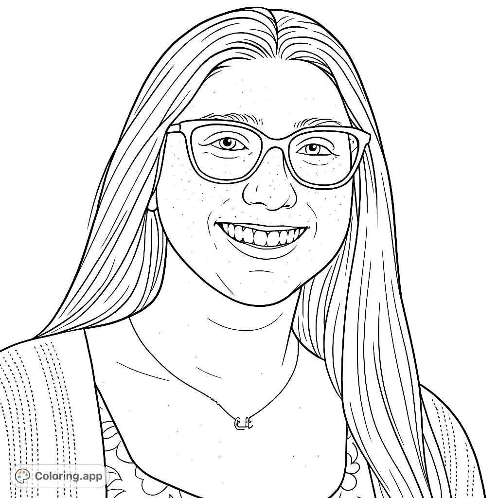 A delightful portrait of a smiling woman wearing glasses and a patterned top, perfect for a relaxing coloring session. Features intricate details and a warm expression.