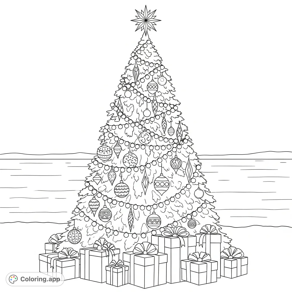 A beautifully adorned Christmas tree, topped with a star, surrounded by wrapped presents, and set against the serene backdrop of a calm lake. A wonderful free printable Christmas tree coloring page.
