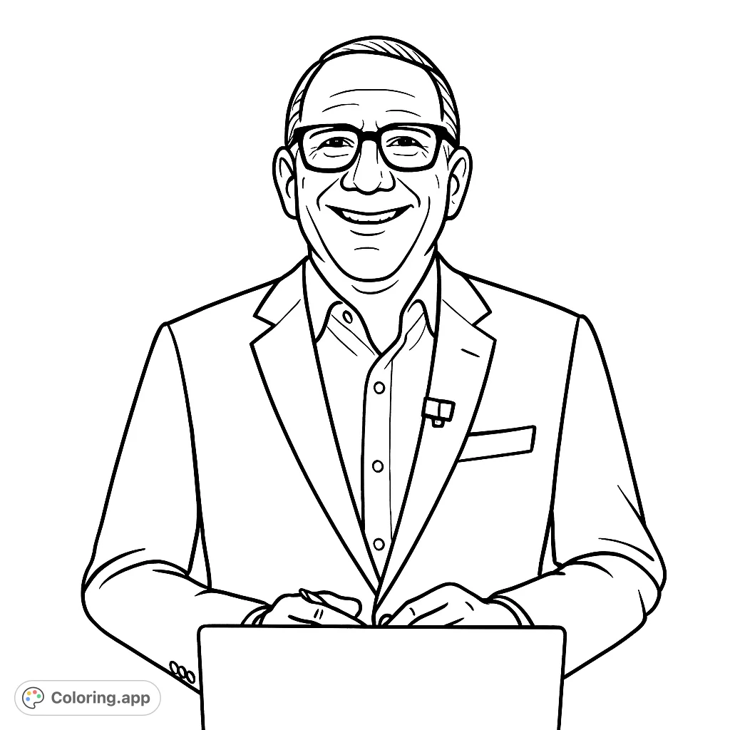 A friendly professional portrait coloring page featuring a smiling man in a suit, holding a pen with a laptop nearby. Perfect for career-themed fun!