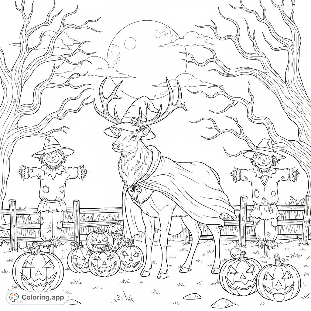 A festive Halloween coloring page featuring a majestic Elk in costume, surrounded by grinning pumpkins, whimsical scarecrows, and spooky trees under a full moon.