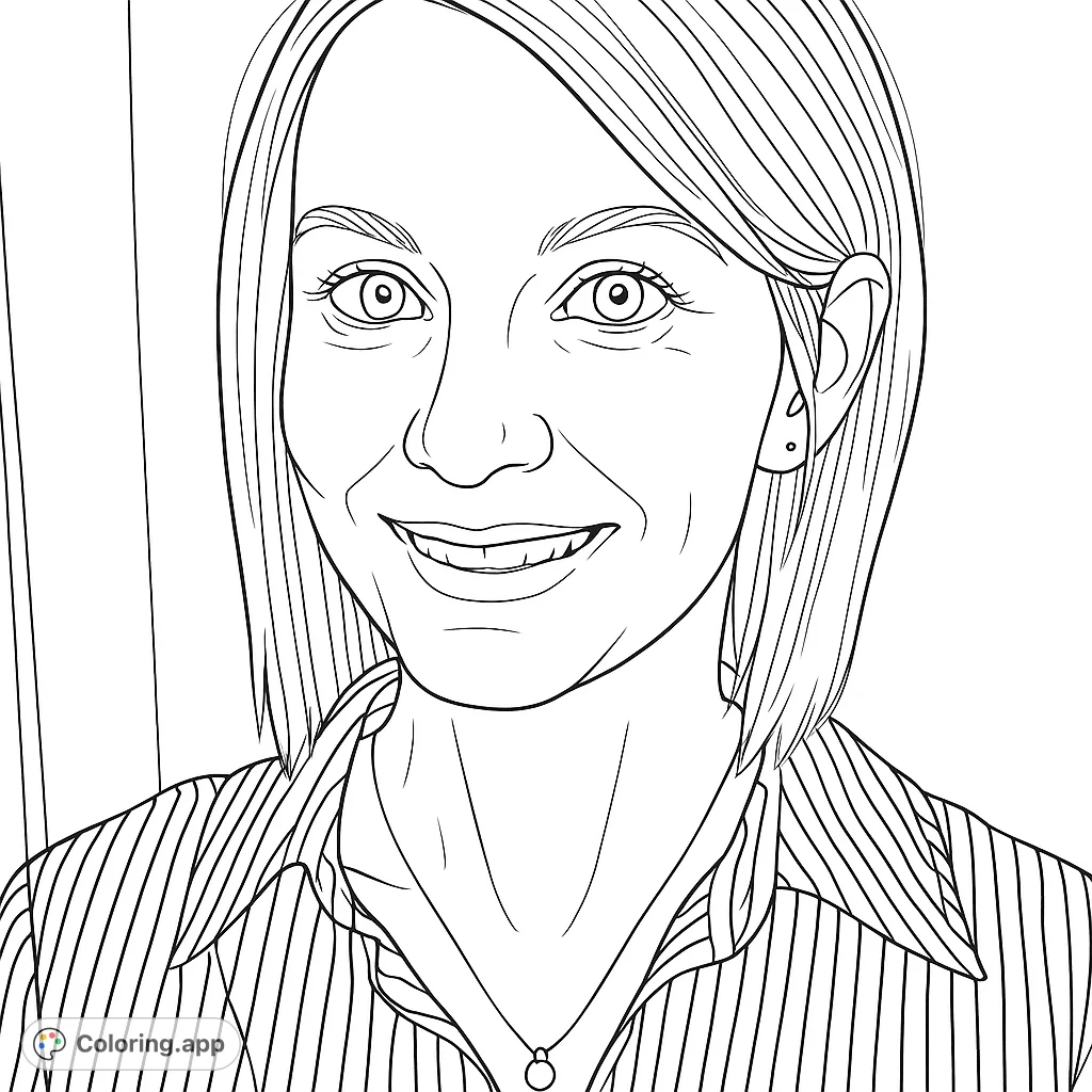 A friendly woman with a warm smile, short hair, and a striped shirt, perfect for a relaxing and detailed coloring experience.