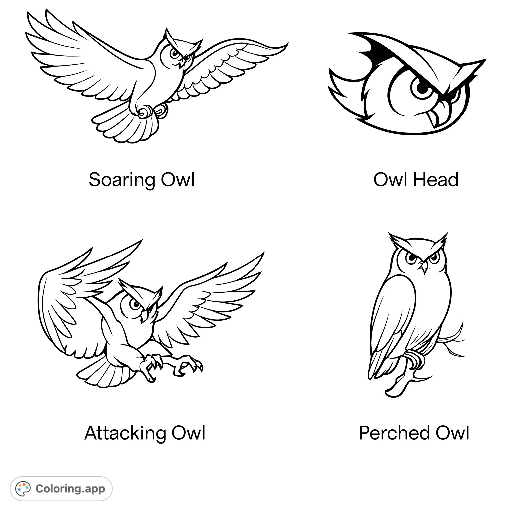 Explore four dynamic owl designs: a soaring owl, an intense owl head, an attacking owl, and a serene perched owl. Perfect for bird and wildlife enthusiasts.