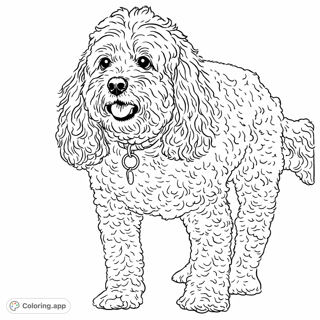 A charming, fluffy dog stands ready to be brought to life with your colors. Capture its friendly expression and intricate fur texture in this delightful pet coloring page.