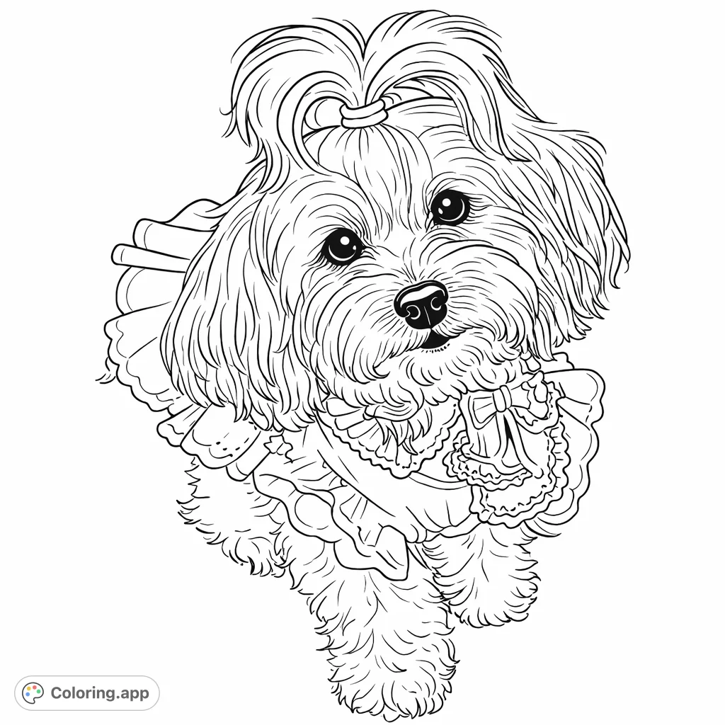 An adorable fluffy dog, possibly a Maltese, wearing a frilly dress and a patterned scarf, looking up with a sweet expression. Perfect for dog lovers!