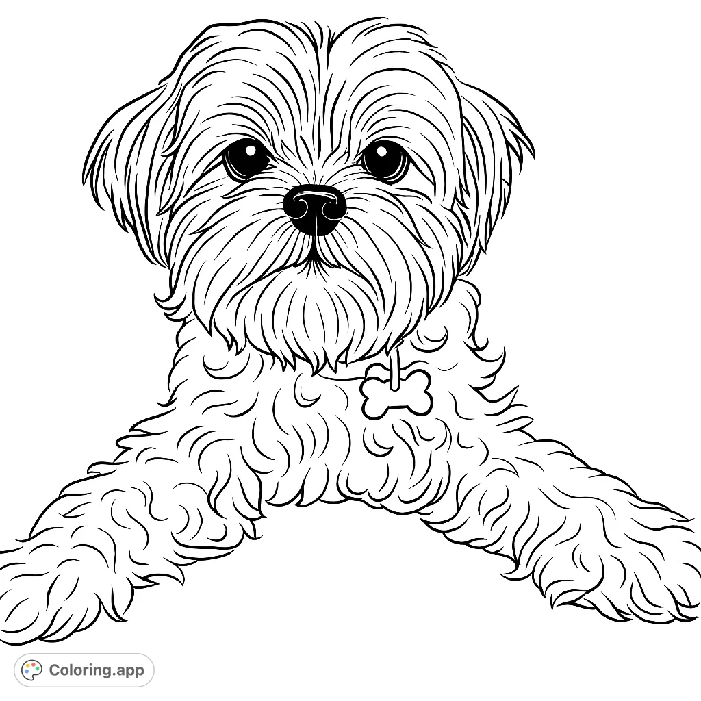A charming fluffy dog lies patiently, ready for a burst of creativity. Its shaggy fur and sweet expression make this a delightful coloring adventure for all ages.