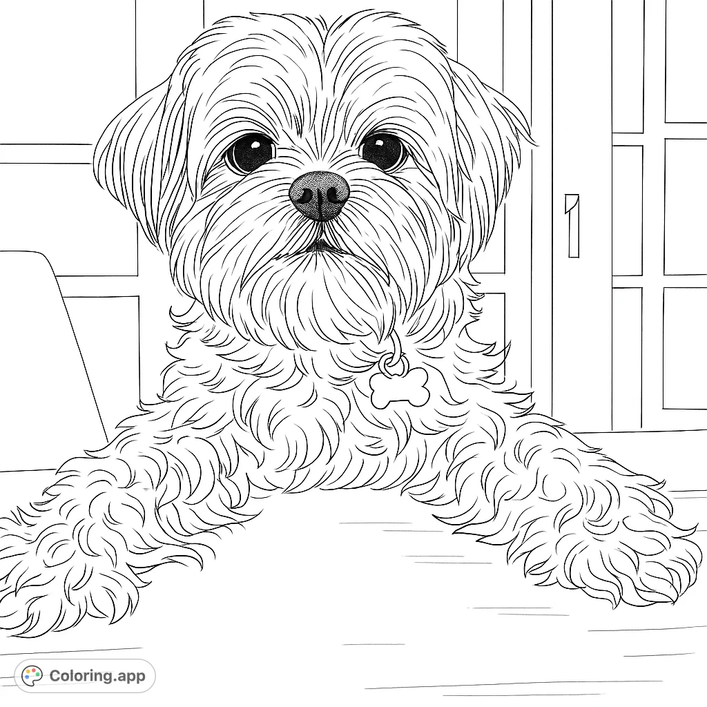 An adorable fluffy dog with shaggy fur rests its paws on a table, looking directly at you. A charming pet portrait for coloring fun.