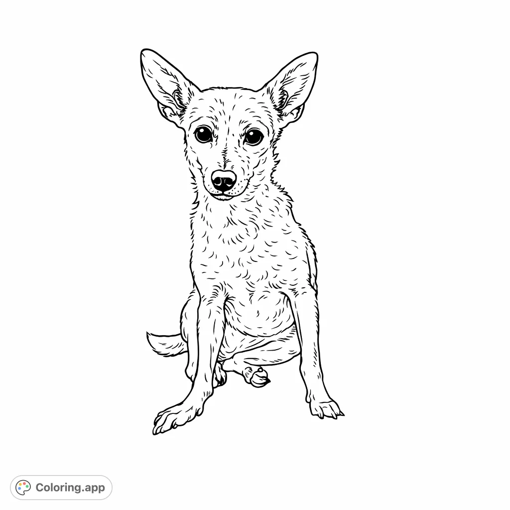 An adorable small dog sits attentively, ears up and eyes bright, ready for creative coloring. A charming free printable dog coloring page for all ages.