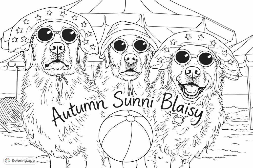 Join three adorable dogs sporting cool hats and sunglasses at the beach with a fun beach ball! A delightful summer-themed coloring page for all ages.