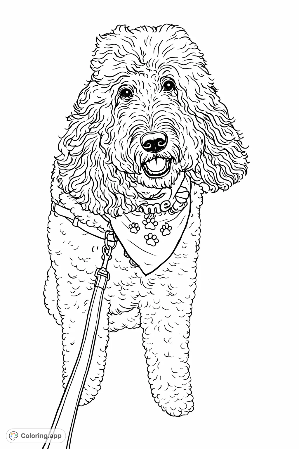 Adorable curly-coated dog in a bandana, ready for adventure. Features a detailed leash and shaggy fur for a fun coloring experience.