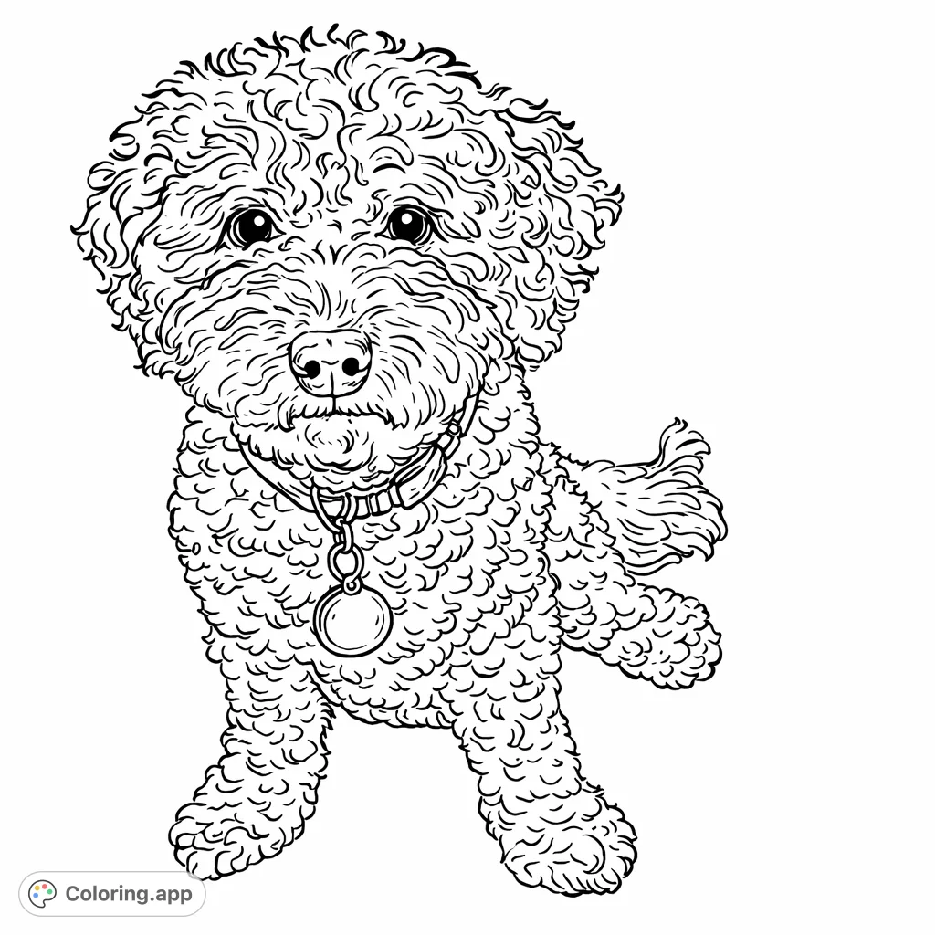 A charming, curly-haired dog sits patiently, looking forward with expressive eyes. Perfect for dog lovers to personalize with imaginative colors and textures.