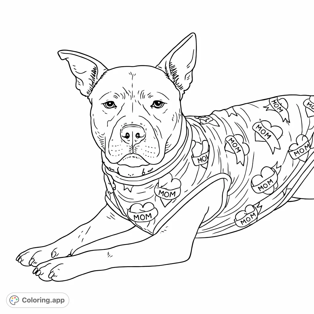 A loyal companion awaits your creative touch! This adorable dog, sporting a patterned "MOM" heart shirt, is perfect for a heartfelt coloring session.