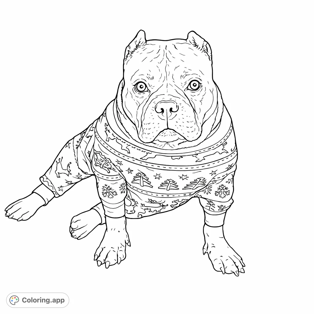 A charming dog in festive, patterned pajamas, perfect for holiday coloring fun. Features detailed patterns of deer, snowflakes, and trees.