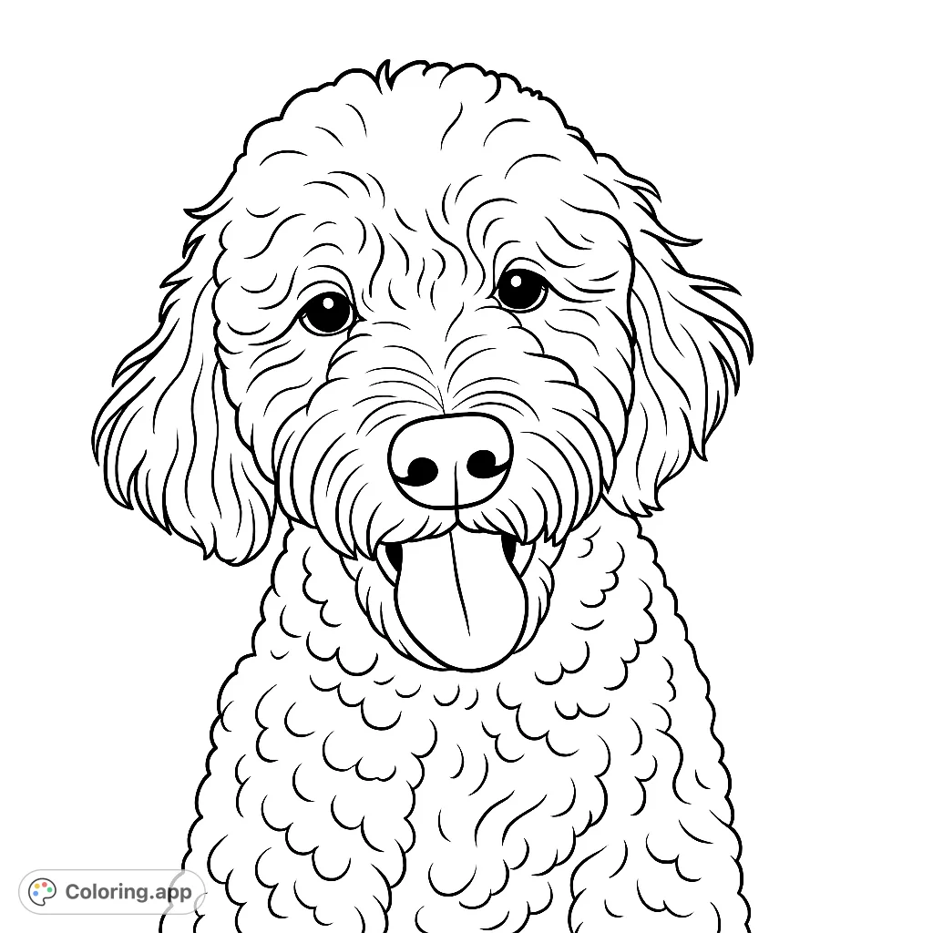 A charming fluffy dog portrait coloring page, perfect for pet lovers. Features a cute, curly-haired canine with an expressive face and floppy ears.