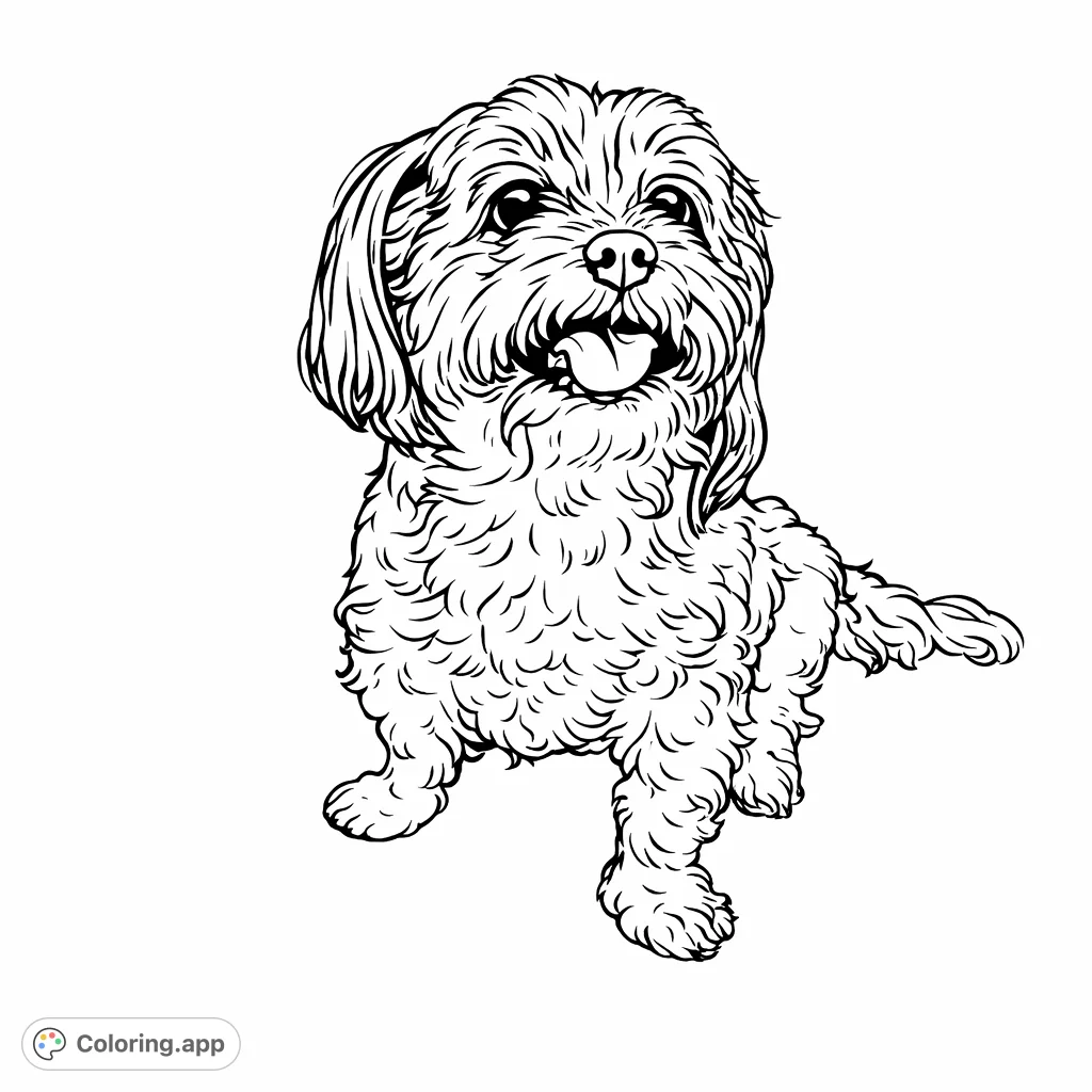 A charming fluffy dog sits happily, tongue out, with expressive eyes and textured fur. A delightful image for animal lovers of all ages.