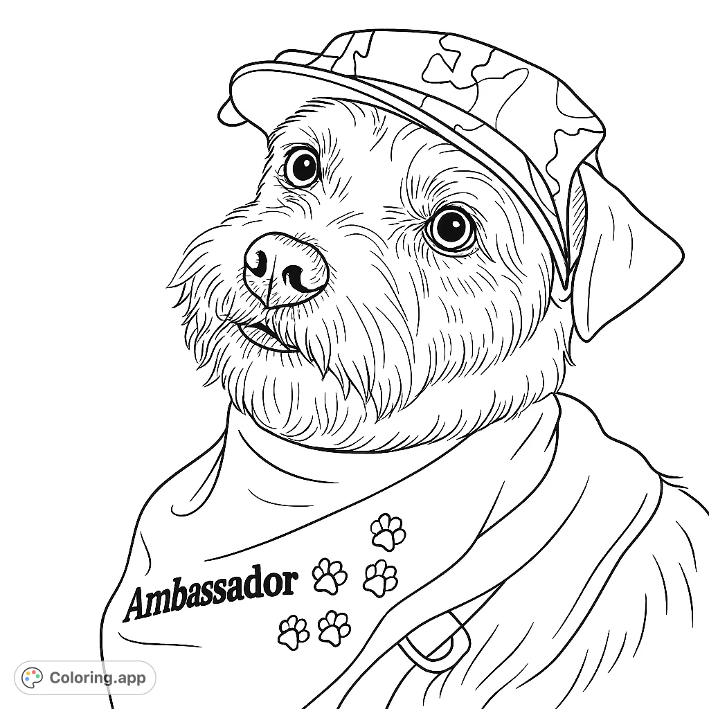 A charming shaggy dog wearing a patterned cap and a bandana with paw prints. Perfect for pet lovers to color and personalize.