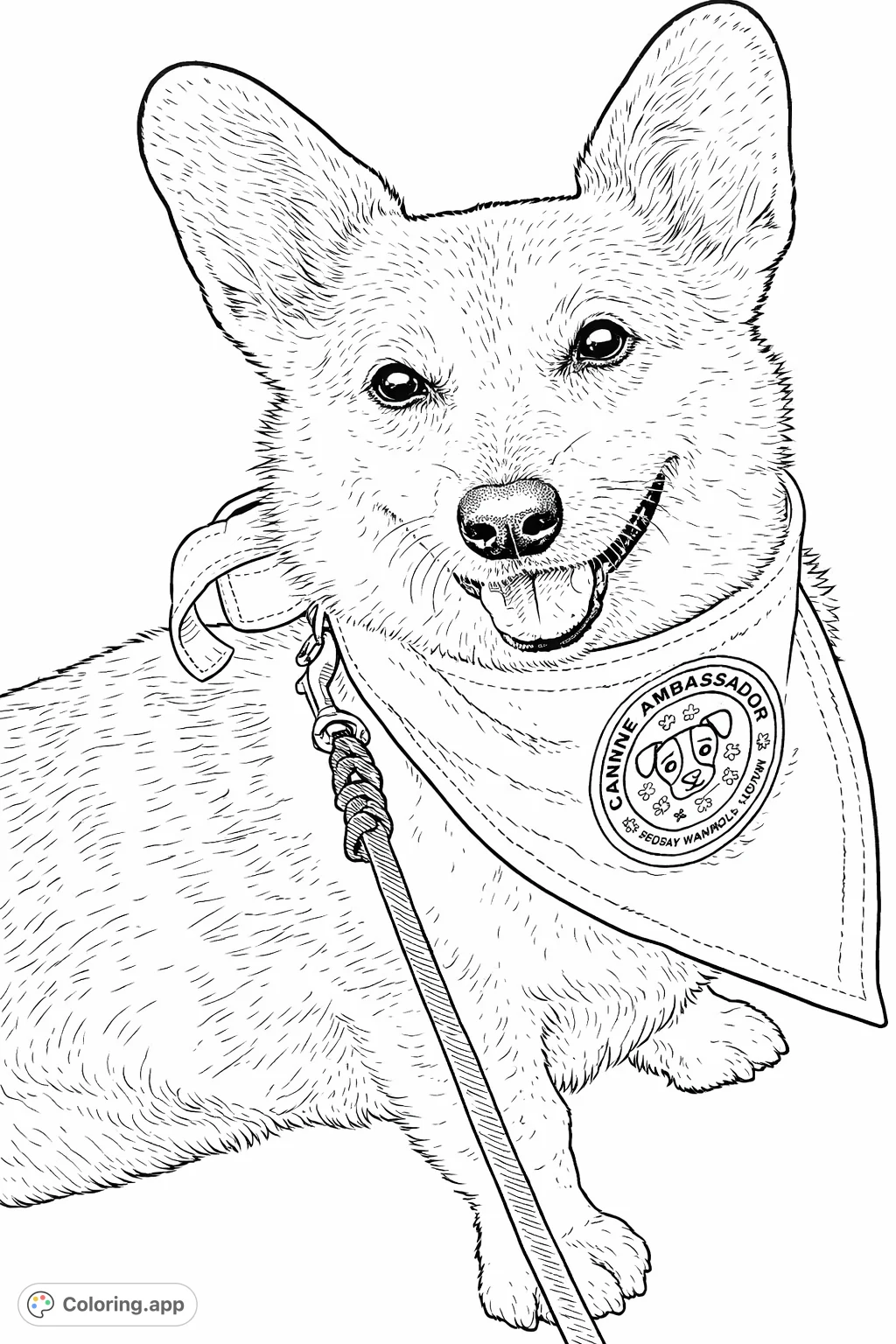 A charming corgi with a joyful smile wears a special "Canine Ambassador" bandana, ready to be brought to life with your creative colors. Perfect for dog lovers!