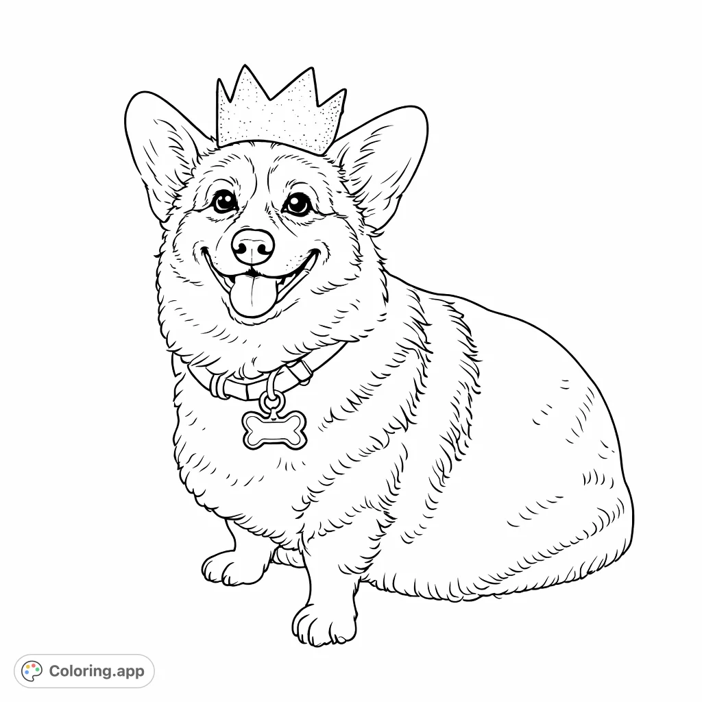 A delightful corgi wearing a sparkling crown and a sweet expression, ready for a royal coloring adventure. Perfect for dog lovers and aspiring artists of all ages.