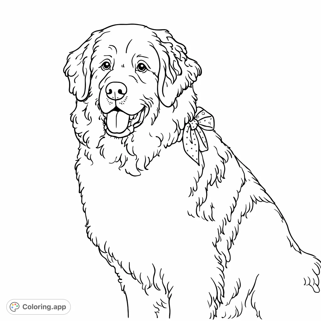A magnificent Newfoundland dog with shaggy fur and a charming polka-dot bow. Ideal for animal lovers to personalize with favorite hues and explore creative textures.