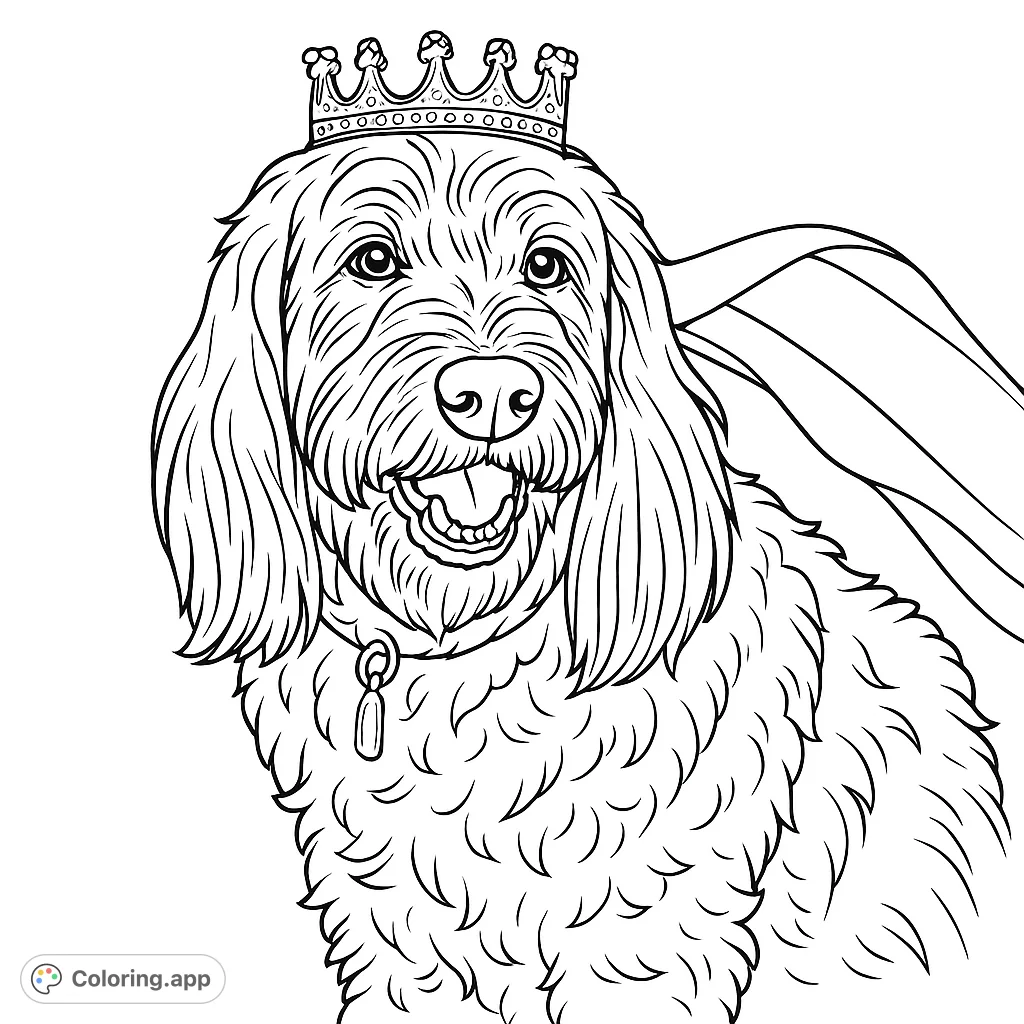 A charming shaggy dog wearing a crown and cape, ready for a royal coloring adventure. Perfect for animal lovers and aspiring artists.