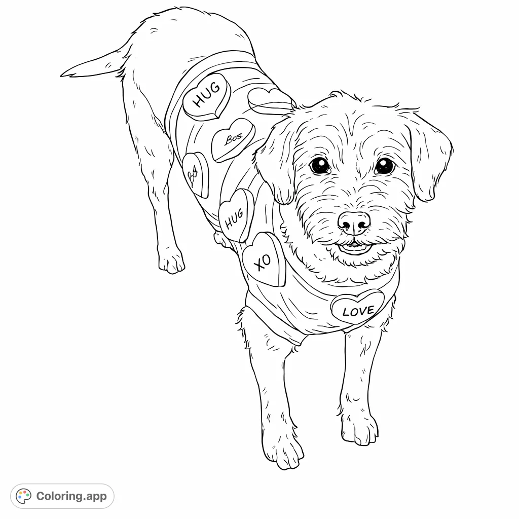 A charming shaggy dog wears a cute sweater covered in heart-shaped candies with words. A delightful pet-themed coloring page for all ages.