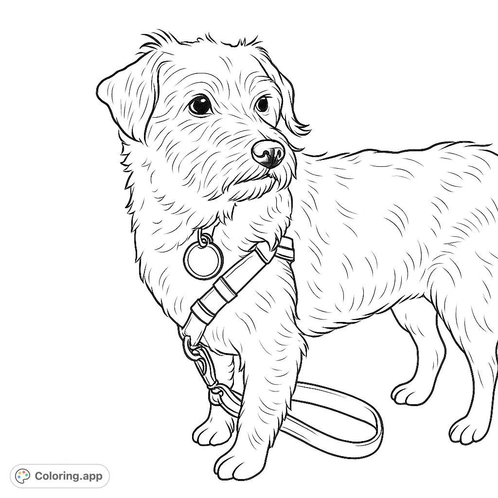An adorable shaggy dog with a harness and leash, ready for an adventure. A delightful animal coloring page for all ages.
