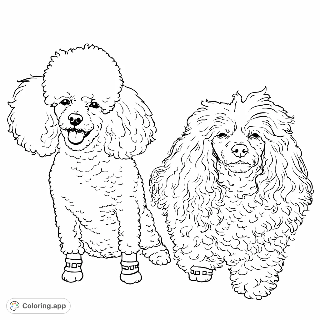 Two charming poodles, one fluffy and one shaggy, showcase their unique styles in playful foot coverings in this delightful scene.