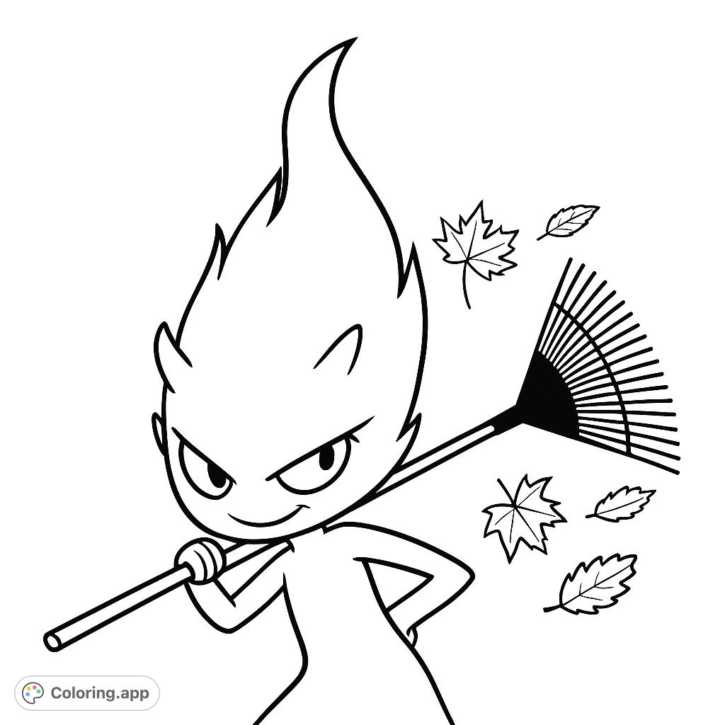 A playful character with a flame-like head rakes autumn leaves, bringing a whimsical touch to yard work. Perfect for fall fun and creative coloring!