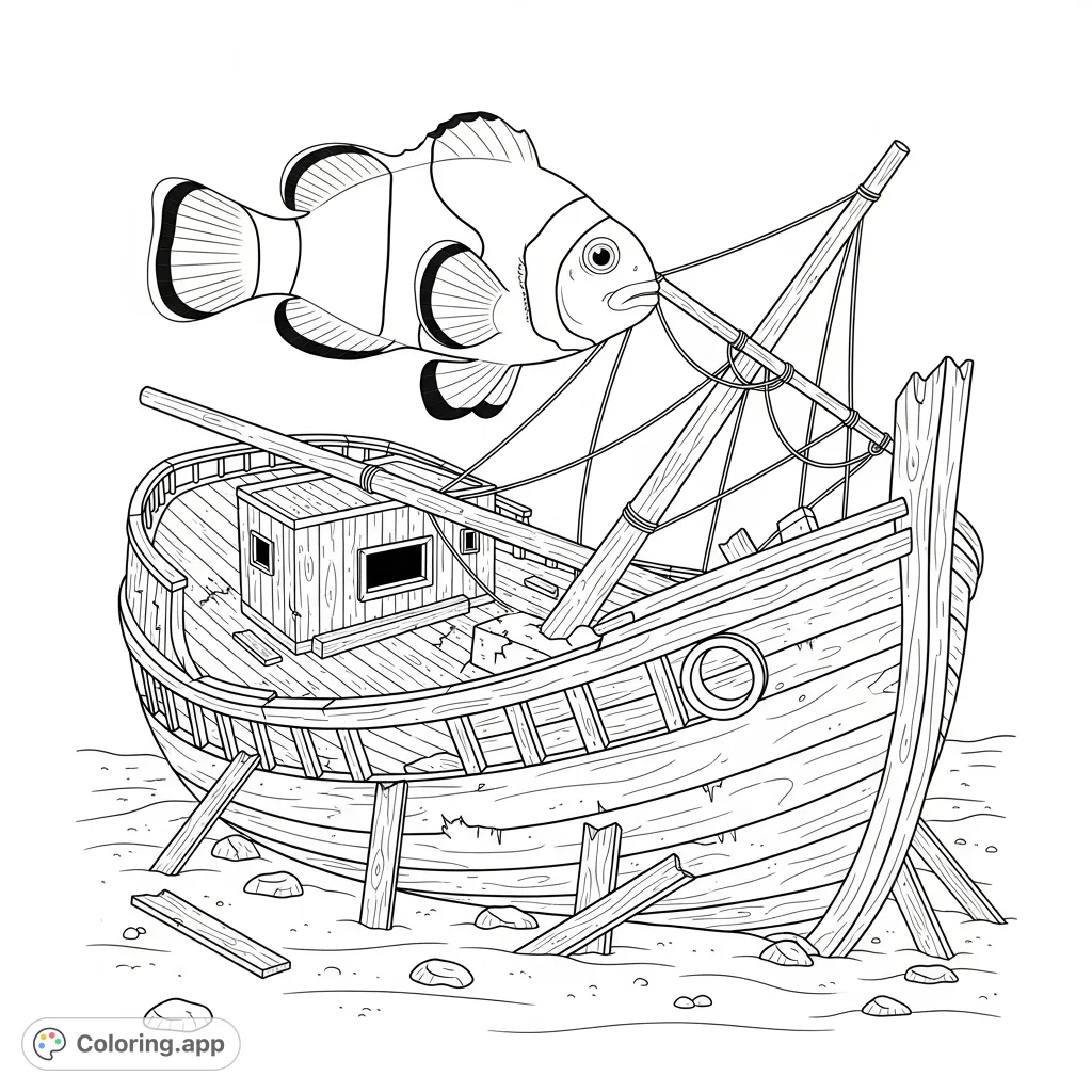 Dive into an underwater adventure! Color a playful clownfish exploring the mysterious depths around a detailed, weathered sunken ship.
