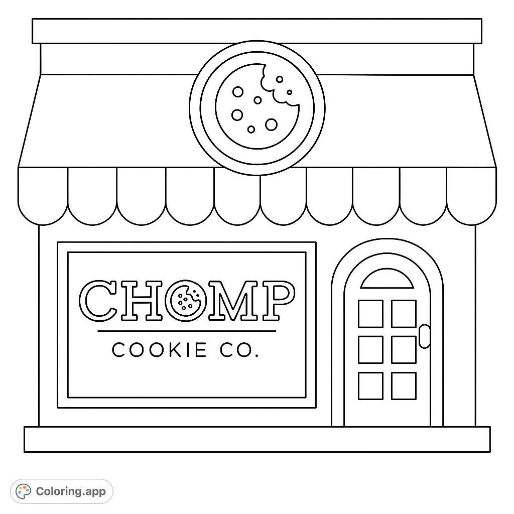 A delightful cookie shop storefront with a scalloped awning, large display window, and a charming cookie logo. Perfect for sweet coloring fun!