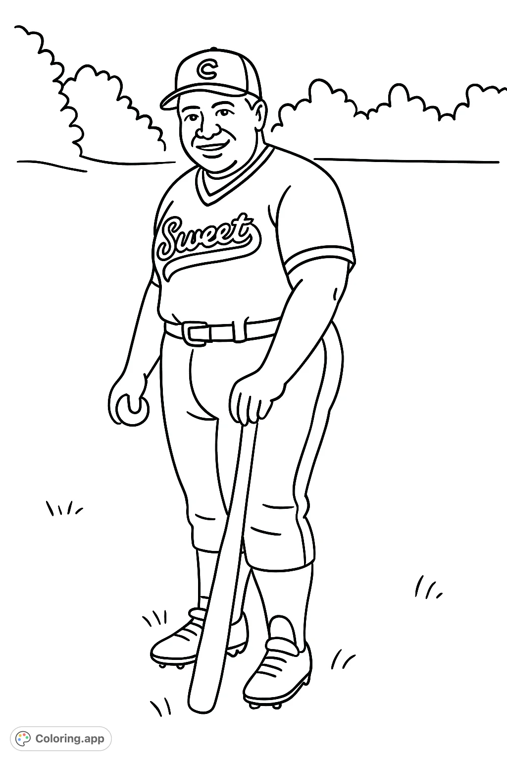 A classic baseball player stands ready with bat and ball. This baseball player coloring page is a free printable coloring page, perfect for sports fans.