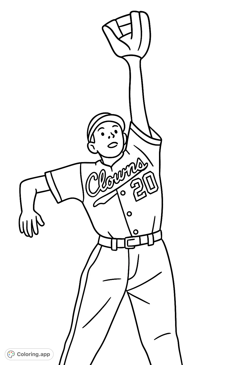 A dynamic baseball player reaching for a catch. Perfect for sports fans to color, featuring a classic uniform and an exciting moment on the field.