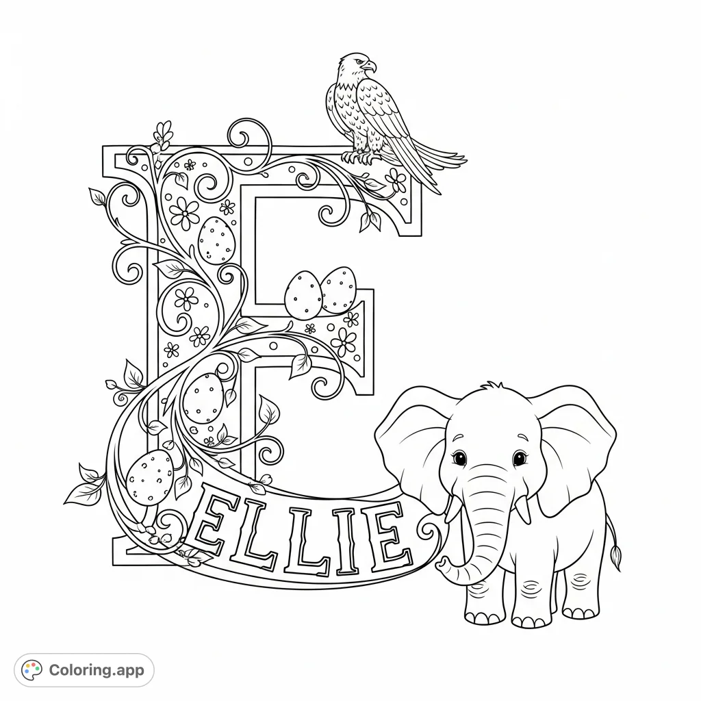 A charming 'E for Ellie' coloring page featuring an ornate letter, a friendly elephant, a majestic eagle, and delicate floral patterns. Perfect for personalization!