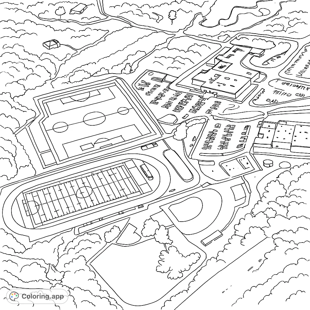 Explore an intricate aerial view of a bustling school campus, featuring a detailed football stadium, multiple sports fields, buildings, and parking lots.