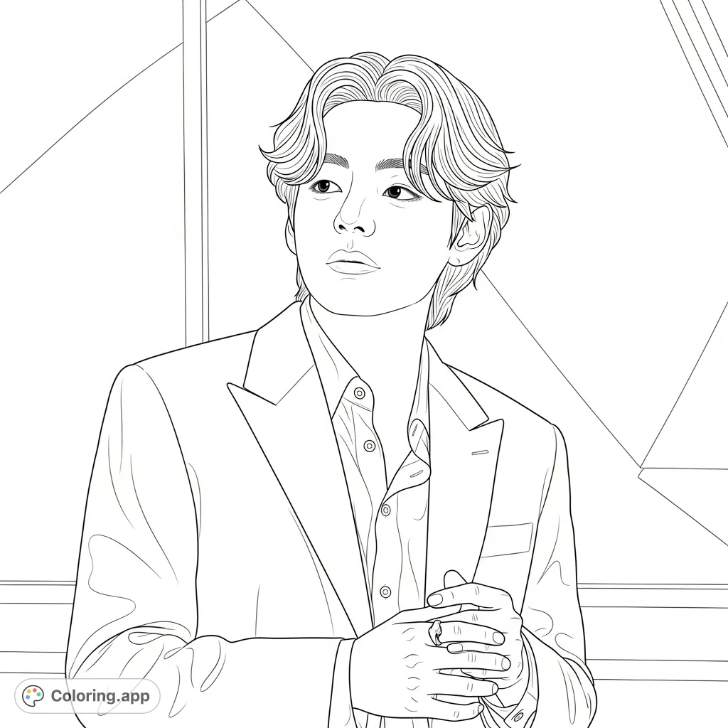Capture the charismatic essence of Kim Taehyung in this detailed portrait coloring page. Perfect for fans to express their creativity and admiration.