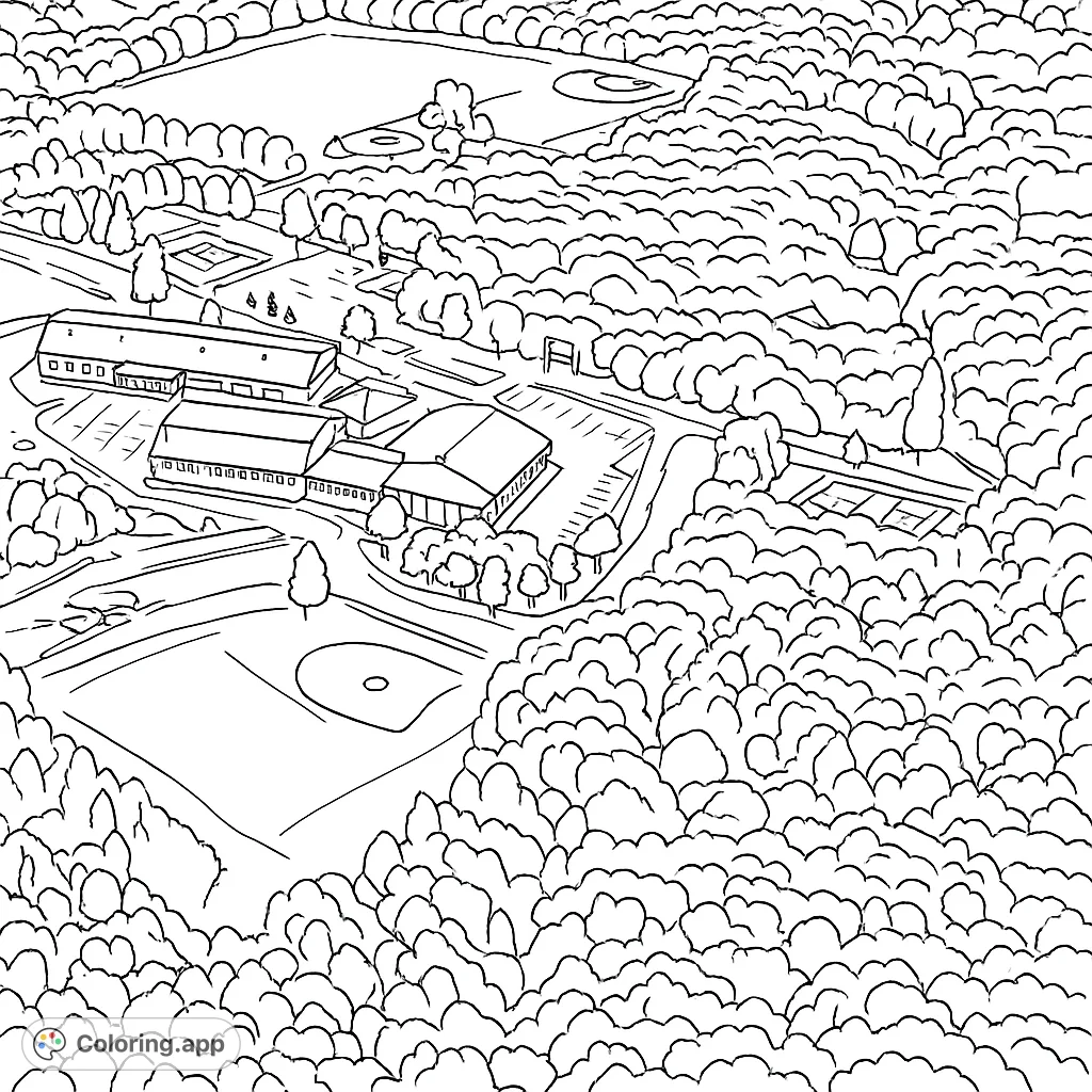 Detailed aerial view of a school campus with buildings, sports fields, and surrounding trees, perfect for intricate coloring.
