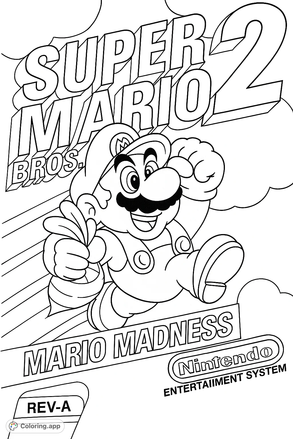 Jump into action with this Super Mario coloring page! Featuring Mario mid-leap, holding a vegetable, ready for adventure.