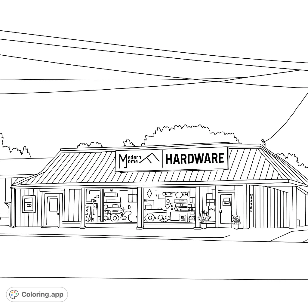Color a bustling hardware store with a distinctive roof, detailed window displays, and various items, set against a backdrop of trees and power lines.
