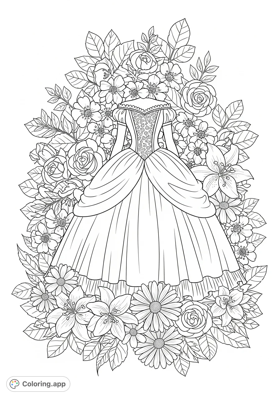 An elegant, flowy princess dress adorned with intricate details, surrounded by a lush array of detailed flowers and leaves. A beautiful scene for coloring.